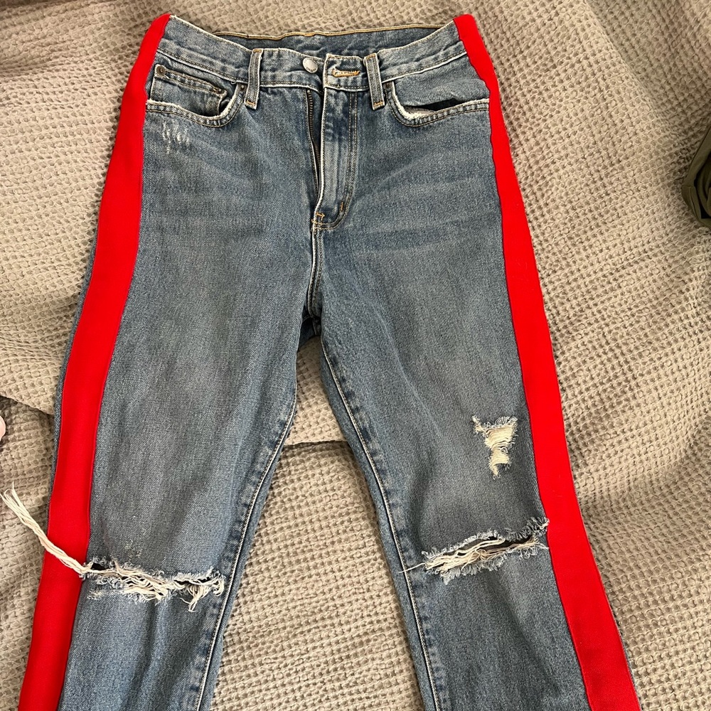 Red panel denim jeans